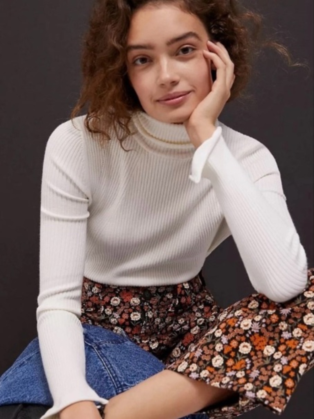 Maeve Parker Ribbed Fitted Ivory Turtleneck Sweater Size Large
